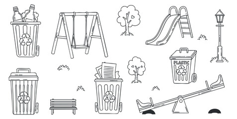 A collection of playground and waste management icons in black and white outline vector style, suitable for environmental projects and educational materials