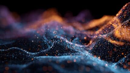 Abstract particle wave background with glowing blue and orange light trails.