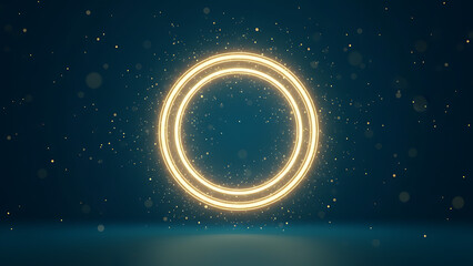 Golden circle frame glows on dark blue background. Abstract light effect creates a magical atmosphere. Suitable for announcements or branding. Digital Art & Branding