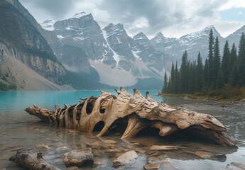 A weathered log lies on the shore of a serene lake surrounded by majestic mountains and lush trees under a dramatic sky