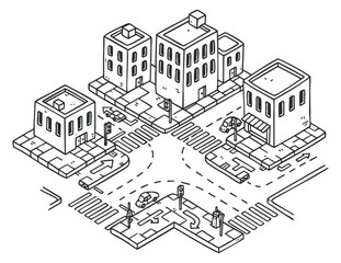 Obraz premium A vector illustration of an urban city intersection with buildings and roads in a minimalist outline style, suitable for urban planning projects