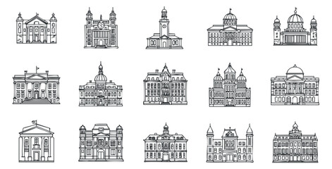 Fototapeta premium A collection of detailed architectural building illustrations in black and white outline vector style, ideal for urban design and historical projects