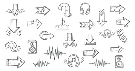 Fototapeta premium A collection of hand-drawn music and directional arrows icons in a sketch style, suitable for creative projects and media design