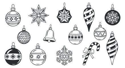 A collection of Christmas ornaments including baubles, stars, snowflakes, and candy canes in black and white minimalist vector style, perfect for festive designs