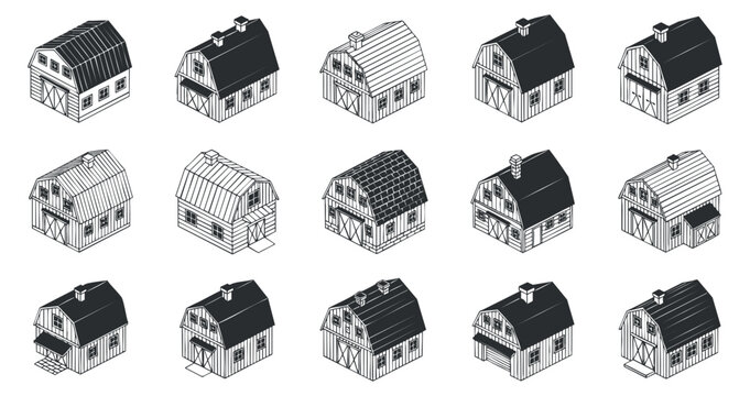 A collection of twelve isometric barn illustrations in black and white vector style, suitable for rural design projects