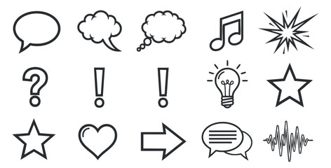Fototapeta premium Set of black outline doodle icons including speech and thought bubbles, music note, starburst, question and exclamation marks, light bulb, stars, heart, arrow, chat bubble and sound wave.