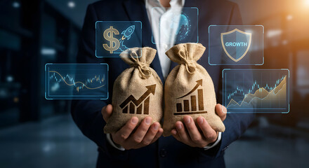 Businessman Holding Two Money Bags with Growth and Financial Analytics Icons
