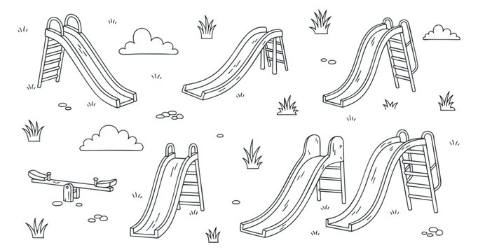 A collection of playground slides and seesaws in black and white line art vector style, ideal for children's activity themes