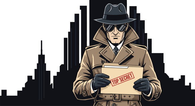 Mysterious Detective or Spy in Trench Coat and Fedora Holding Top Secret Confidential Files in Front of Dark City Skyline.
