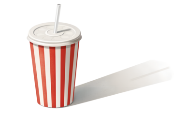 Classic red and white striped soda cup with a white straw casts a long shadow