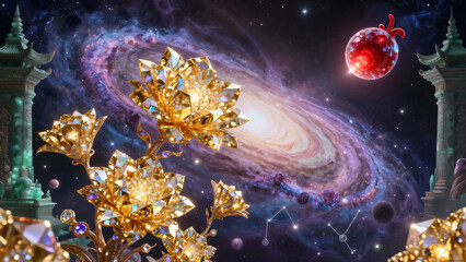 An abstract fractal nebula glows across a dark cosmic sky where a blue alien planet earth floats amidst a bright galaxy of shimmering stars and distant fantasy planets in the outer universe