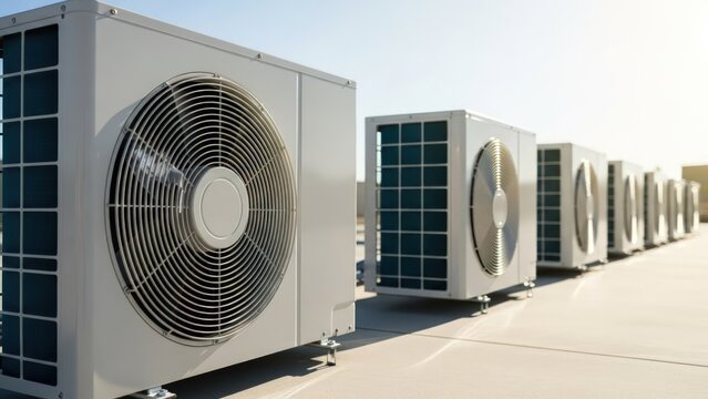 A long row of white exterior air conditioning units with fans on a commercial rooftop under a clear blue sky
