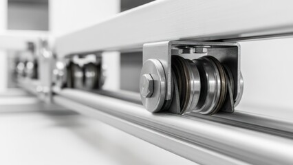 Close-up of a modern metal sliding mechanism with wheels on a track, emphasizing industrial precision