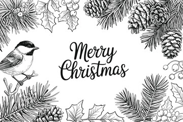 Merry christmas sketch with bird and pinecone decorations