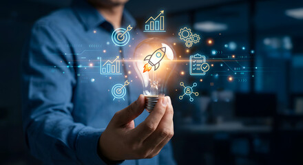 Innovative business strategy and startup growth concept with rocket icon and data visualization elements