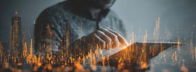A man is using a tablet to look at a cityscape