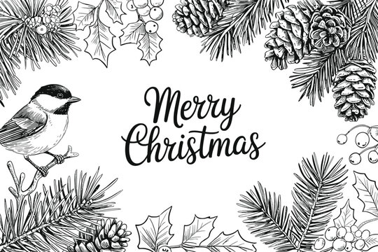 Merry christmas sketch with bird and pinecone decorations