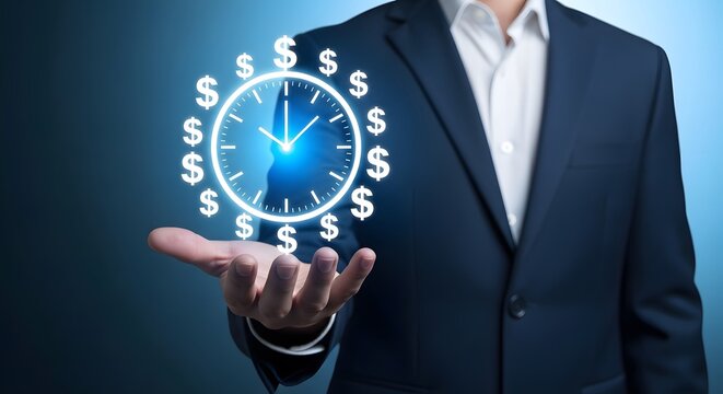 Time is money a businessman presenting a clock made of dollar signs - Powered by Adobe