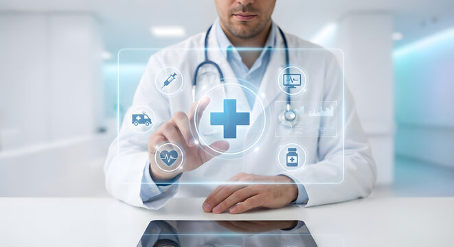 Innovative healthcare technology interface with medical symbols and doctor in modern hospital setting - Powered by Adobe