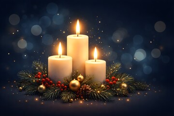 Minimal Christmas candles glowing in dark blue bokeh background 