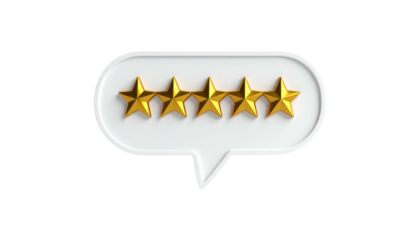 Five golden stars displayed in white speech bubble, isolated on black background. Glossy finish with subtle shadows