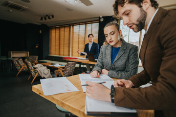 A group of business coworkers work together in a bright, professional space, reviewing charts, taking notes, and planning a project. The scene captures focus, teamwork, and corporate collaboration.