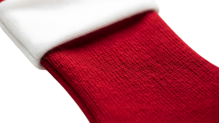 Close up of red knitted Christmas stocking with white cuff