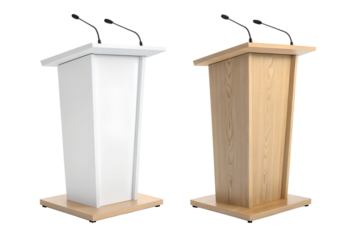Two modern presentation lecterns one white and one wood grain for events