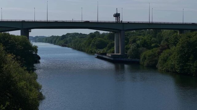 M6 Motorway, Lymm, Cheshire, UK, August 15, 2025; aerial view of the M6 Motorway Thelwall Viaduct bridge over the Manchester Ship Canal and River Mersey, Lymm, Cheshire, UK.