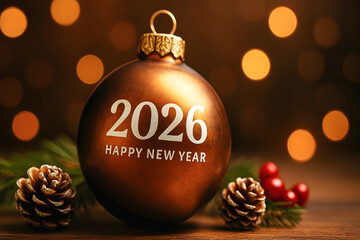2026 Happy New Year Bronze Ornament with Pinecones and Festive Lights - Holiday Greeting Image