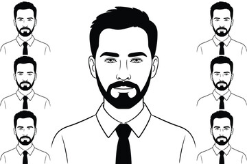 Illustrations of men with beards and ties in black and white