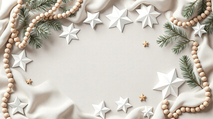 Boho style christmas background with white linen fabric and wooden bead garland frame
