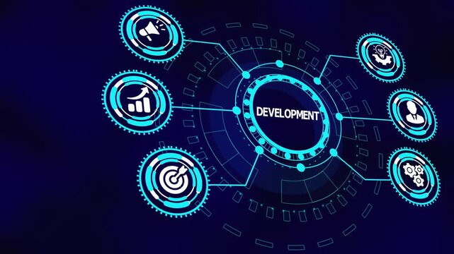Business development concept with digital strategy icons illustrating structured growth, analytics planning, performance improvement, and innovation systems.