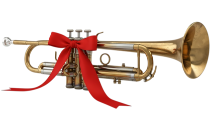 Golden trumpet with red ribbon on black background