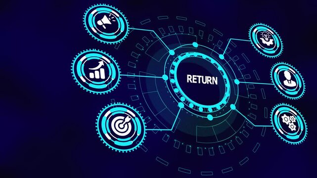 Business return concept with digital interface icons illustrating investment outcomes, analytics tracking, efficiency gains, and strategic value creation.