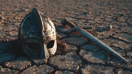 Ancient Viking Helmet and Sword Lying on Cracked Dry Earth.