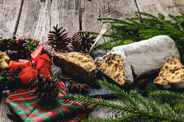 Stollen with filling of raisins, candied fruit