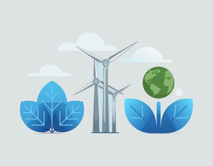 Obraz premium Renewable energy wind turbines, green earth globe, natural growth leaves