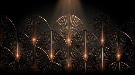 Art Deco Golden Fan Pattern with Spotlight on Dark Background.