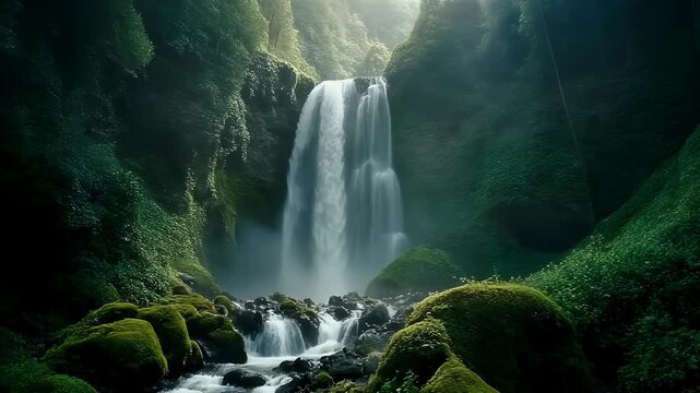 A majestic waterfall cascades down a lush, moss-covered cliff face in a vibrant green jungle.
