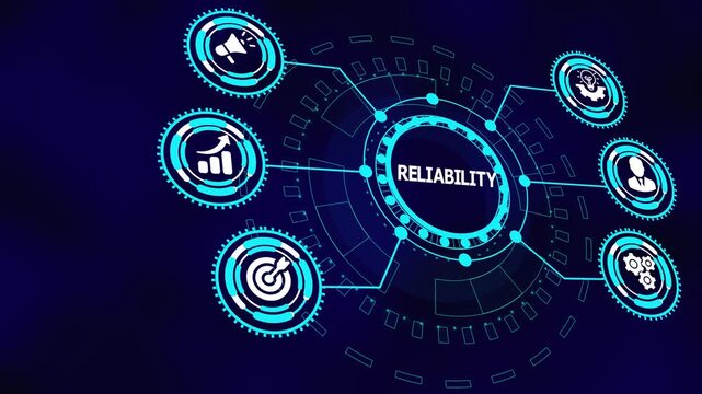 Business reliability concept with digital icons illustrating consistent performance, analytics monitoring, quality assurance, and operational stability systems.