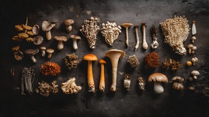 Assortment of Various Wild Mushrooms Displayed Artfully on a Dark Textured Surface.