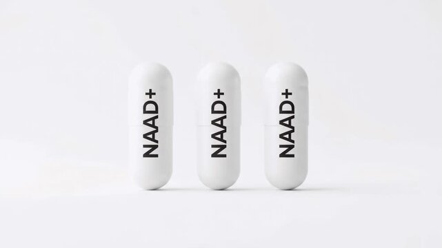 3D animation of NAAD+ supplement capsules falling in slow motion. White pills isolated on a clean background. Health, wellness, and anti-aging concept