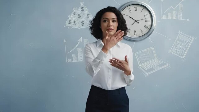 Young mixed race businesswoman solving a financial problem with time management. Creative composite showing the thought process from confusion to a successful presentation