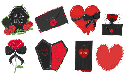 Dark romance Anti valentine's goth collection png vector cliparts, including hearts, roses, letters, spider, and coffins. These illustrations capture the essence of romance, affection black red color