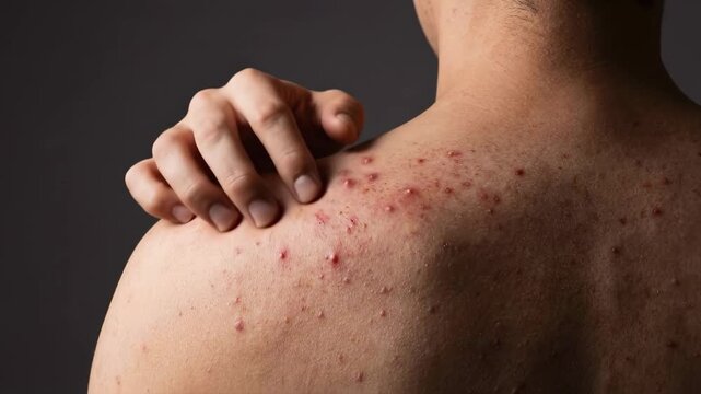 Man scratching acne on his back and shoulder. Close-up of irritated skin with red pimples. Dermatology and skin problem concept