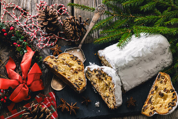 Stollen with filling of raisins, candied fruit