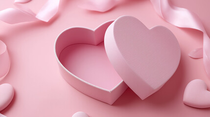 Empty Heart Shaped Gift Box with Ribbon on Soft Pink Background, Valentine Love Concept