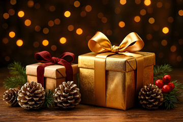 Luxury Holiday Gift Boxes with Pinecones and Bokeh Lights