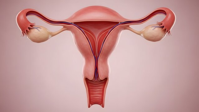 Photorealistic 3D rendering of the human uterus, including detailed fallopian tubes, cervix, and uterine walls. The anatomical structures are clear and visible, with a soft pink background. High-resol